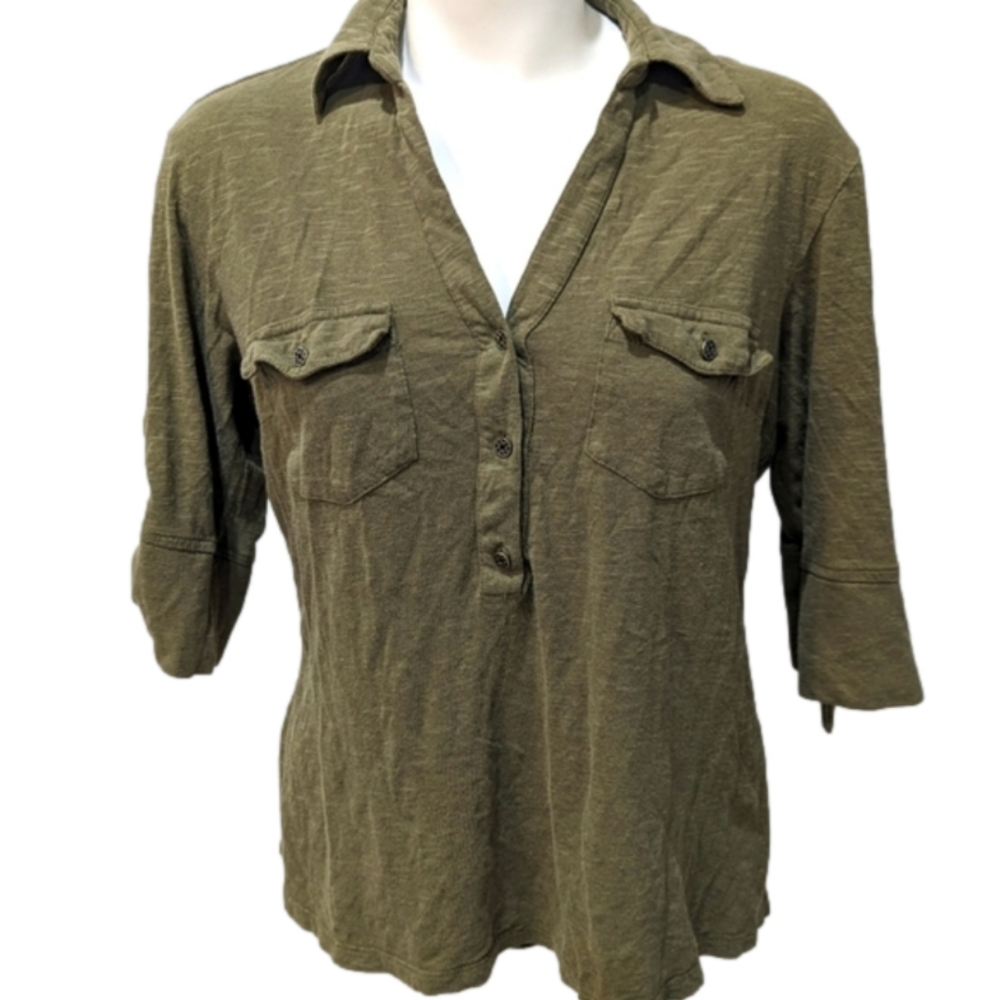 Khaki Green 3/4 Sleeve 2 Pocket Pullover Knit Top, size Medium